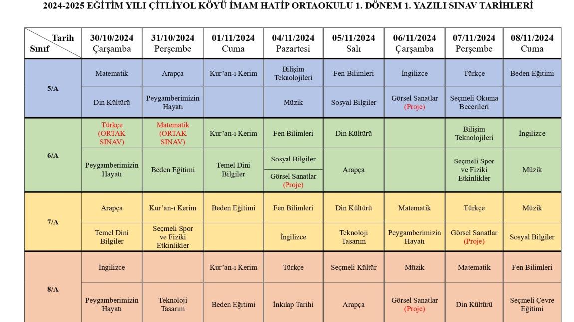 1. DÖNEM 1. YAZILI SINAV TARİHLERİ