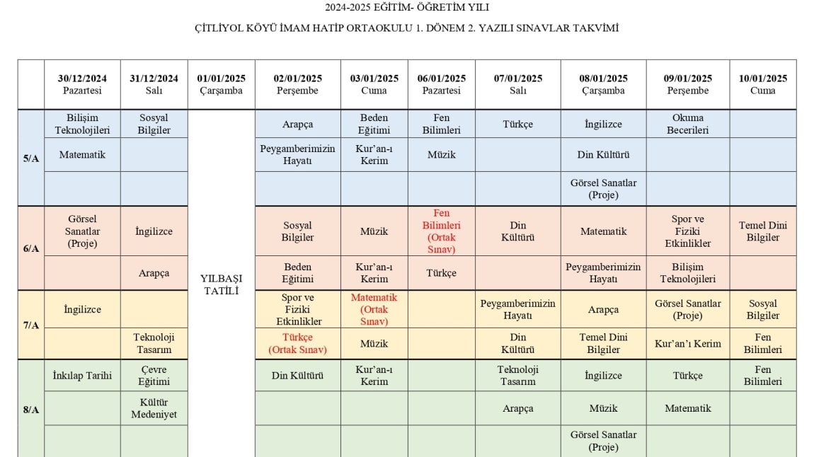 1. DÖNEM 2. YAZILI SINAV TAKVİMİ